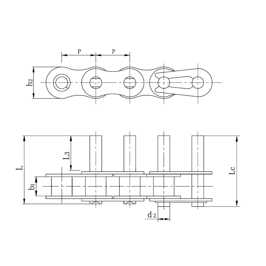 Rövid osztású szállítószalag láncok kiterjesztett csapok