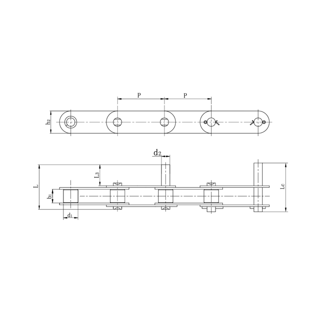 Rozsdamentes acél dupla osztású szállítóláncok meghosszabbított csapokkal